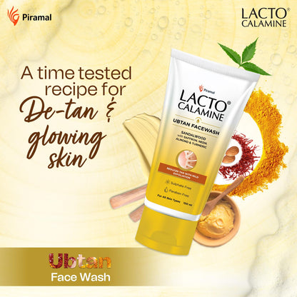 Lacto Calamine Ubtan Face Wash for Glowing Skin | Natural Face Wash with Sandalwood, Saffron, Neem, Almond & Turmeric | Exfoliating Facewash reduces Tan | Sulphate, Paraben Free | 100 ml Pack of 1