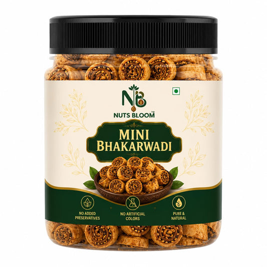 NUTS BLOOM Mini Bhakarwadi | Crispy & Spicy Traditional Snack | Fresh and Crunchy Bhakarwadi | Tea Time Namkeen | Authentic Taste | Hygienically Packed