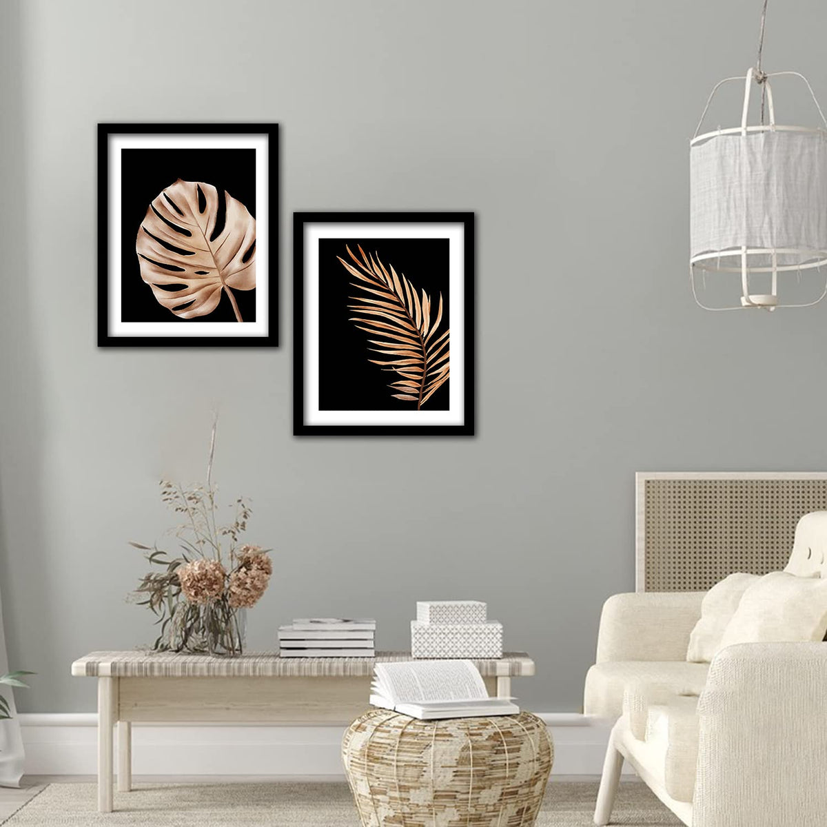 Golden Leaf Wall Decor Paintings for Home Office Living Room - Modern Art Nature Wall Paintings with Frame - Framed Wall Art Paintings Set of 2 (Art 1, 10x13 inch)