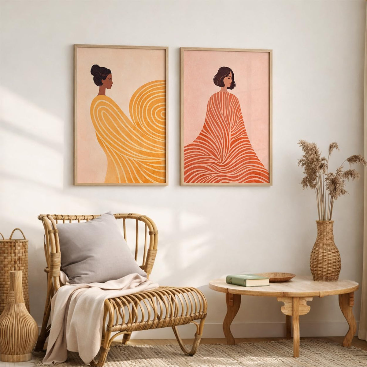 Set of 2 Abstract Woman Framed Wall Painting for Living Room | Modern Aesthetic Wall Art Frame | Minimalist Female Illustration Wall Decor for Bedroom, Hall & Office (M.1, 13x19 inches)