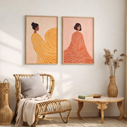 Set of 2 Abstract Woman Framed Wall Painting for Living Room | Modern Aesthetic Wall Art Frame | Minimalist Female Illustration Wall Decor for Bedroom, Hall & Office (M.1, 13x19 inches)