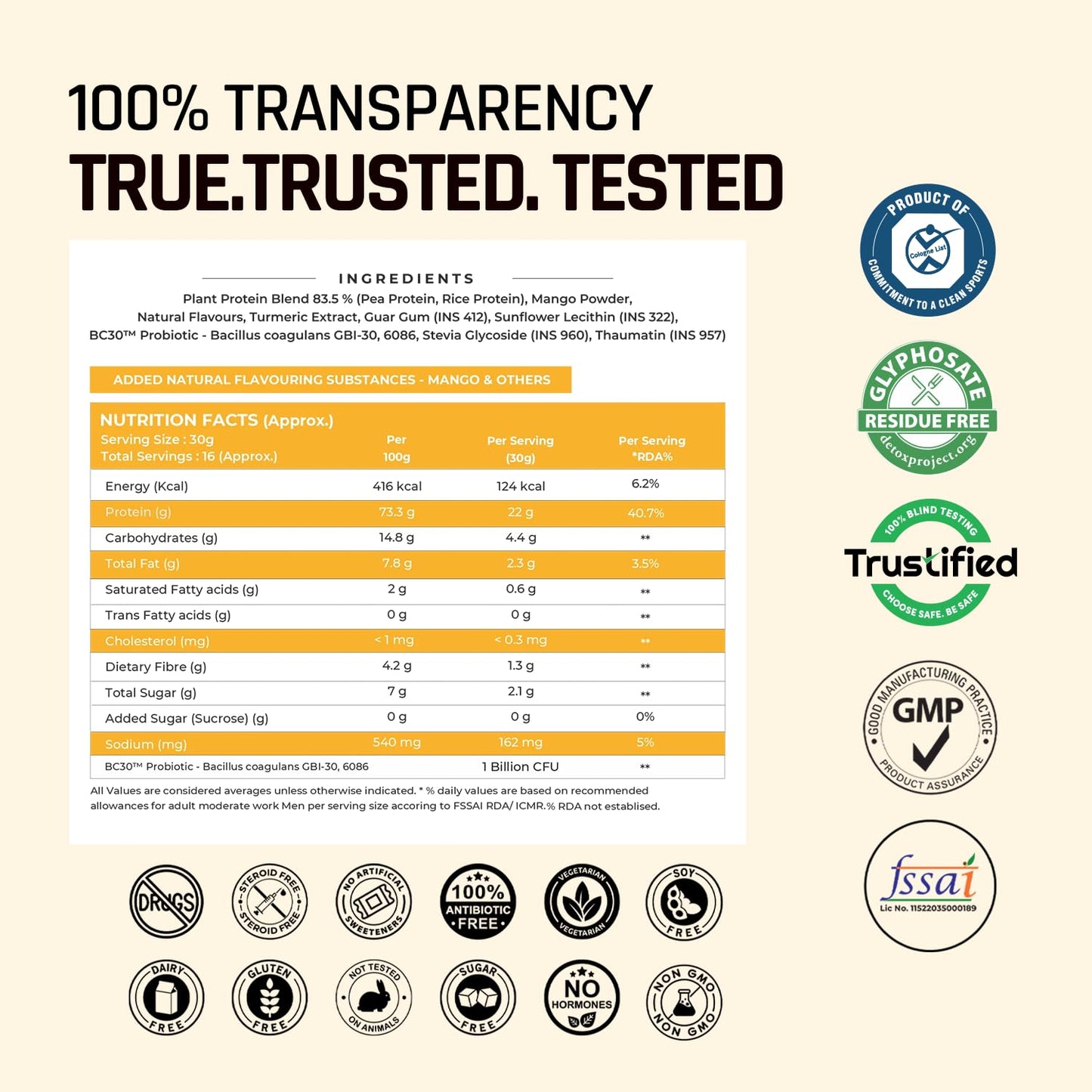 Product label with transparency claims, ingredient list, nutritional facts, and certification logos on a beige background.