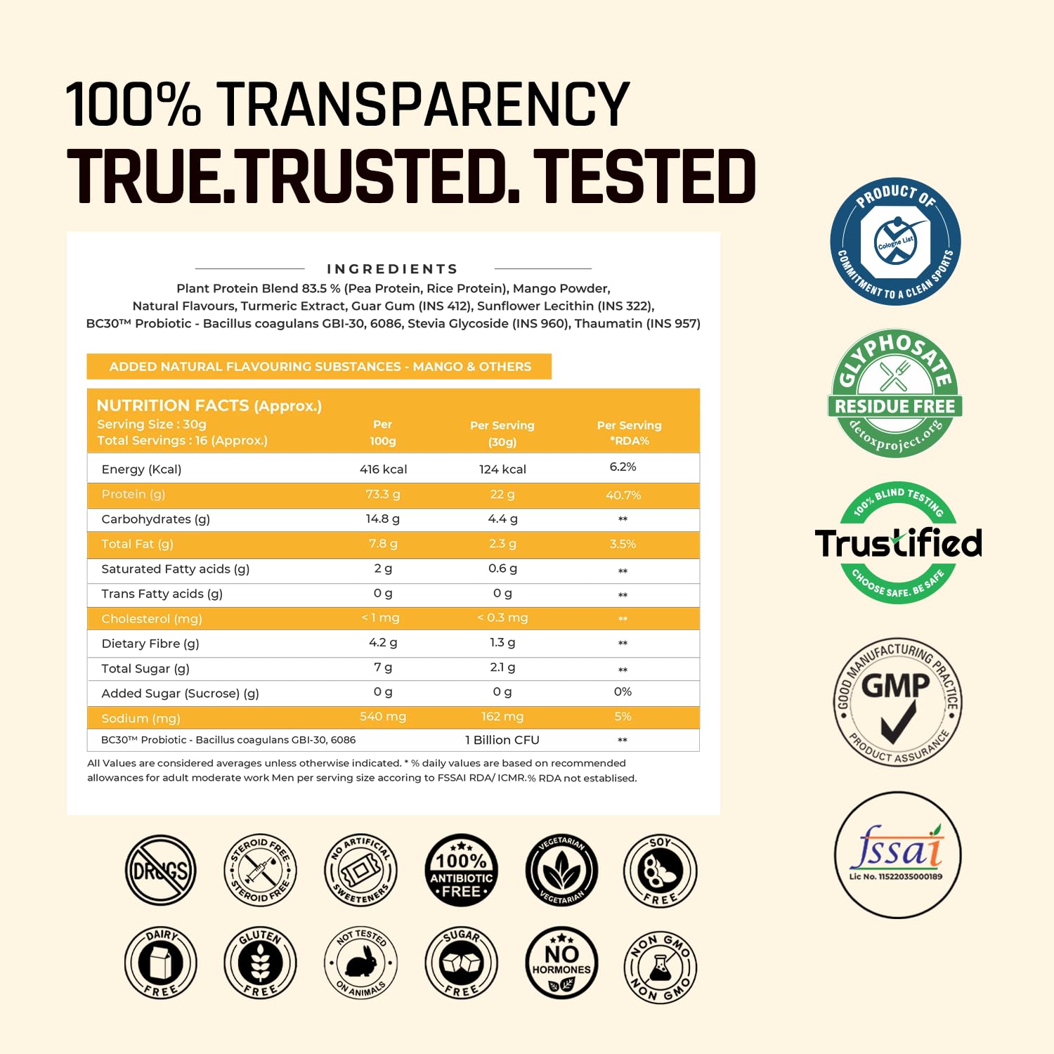 Product label with transparency claims, ingredient list, nutritional facts, and certification logos on a beige background.