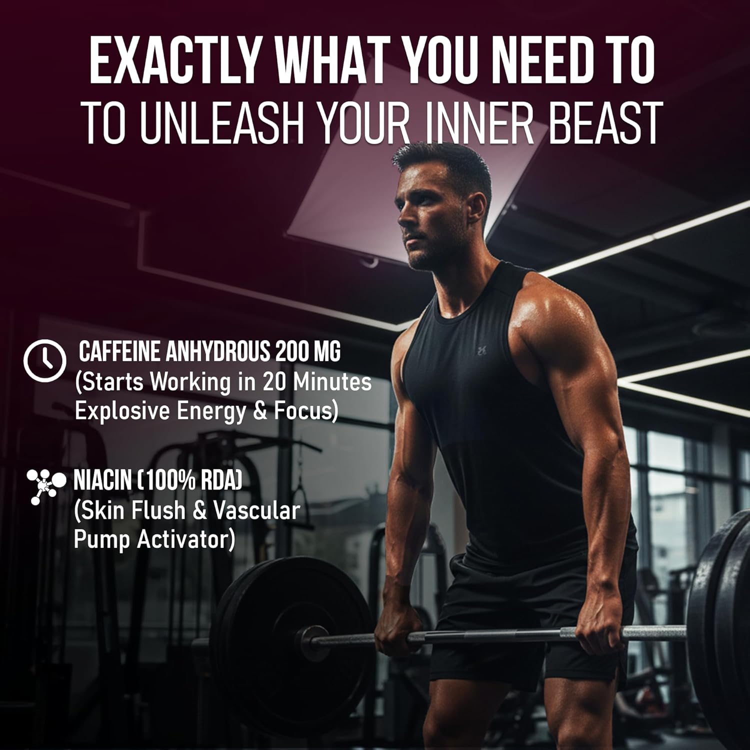 Muscular man lifting weights in a gym with supplement information overlay.