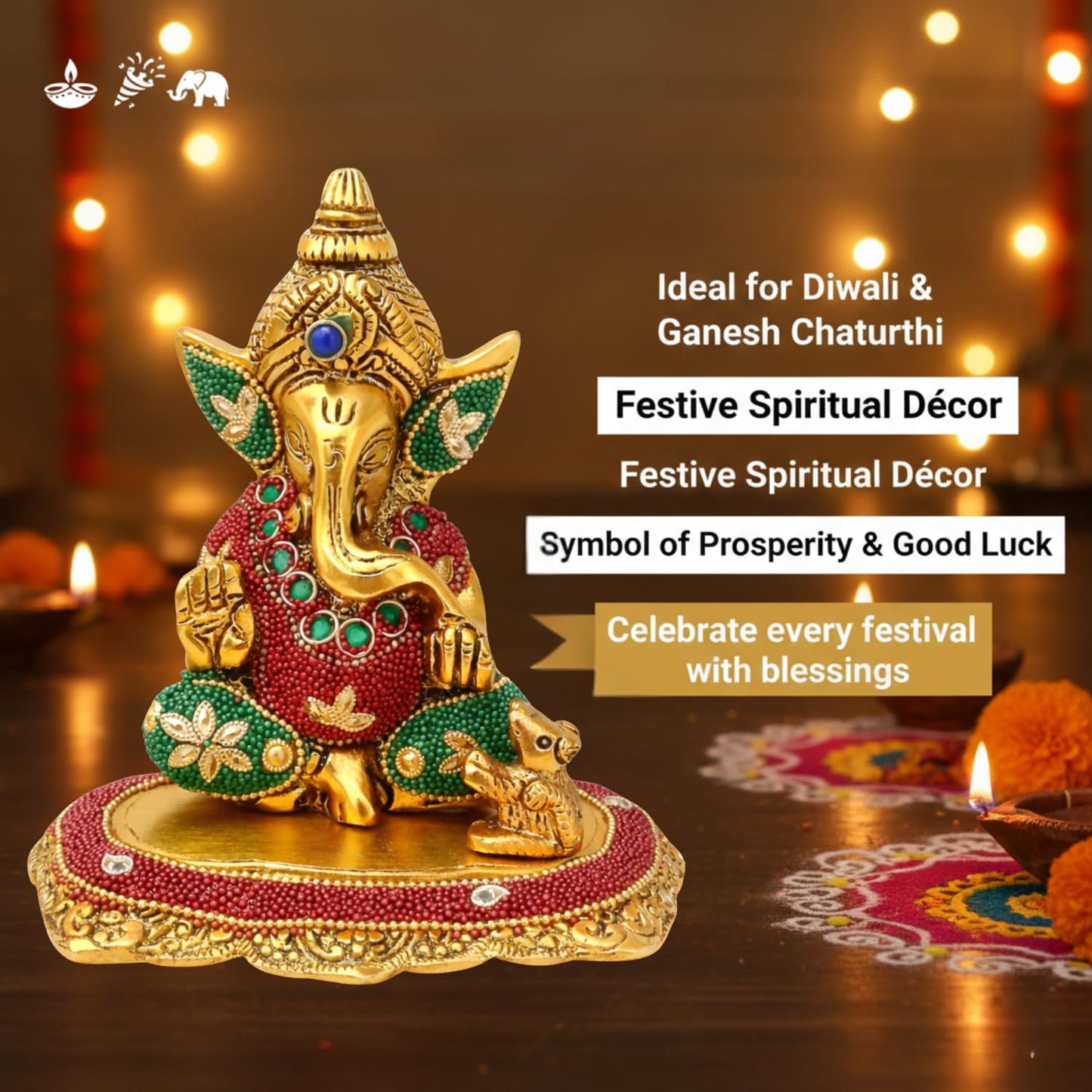 Kalakriti Metal Ganpati Idol with Mouse, 6 Inch Gold Finish Lord Ganesha Statue for Home Decor |Temple Office Hostel Desk, Hindu God Ganesh Vinayaka Decorative Showpiece for Living Room, Chua Ganesh
