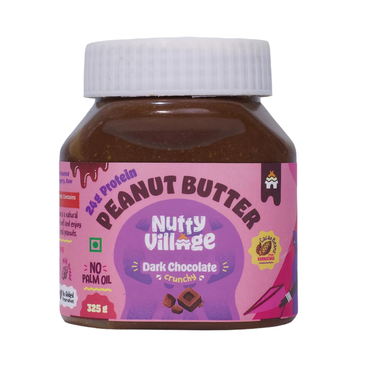 Nutty Village Dark Chocolate Peanut Butter Crunchy with 24g Protein - No Refined Sugar and No Palm oil - Vegan and Gluten free - Healthy Spread for Breakfast - 325G Peanut butter