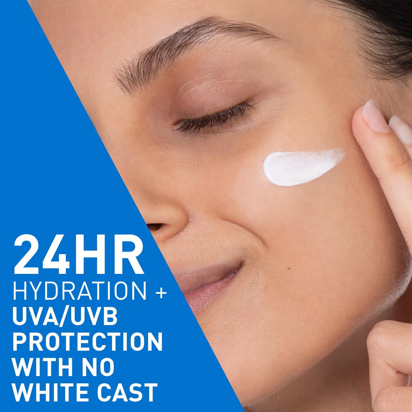 Woman applying sunscreen to her face with a blue background and text about hydration and protection.