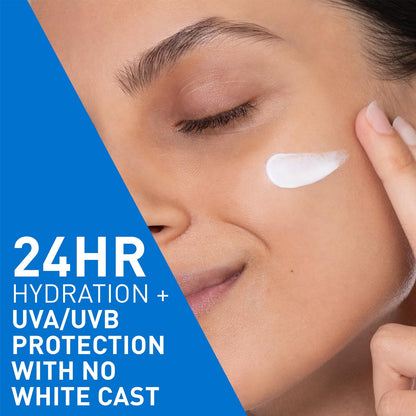 Woman applying sunscreen to her face with a blue background and text about hydration and protection.