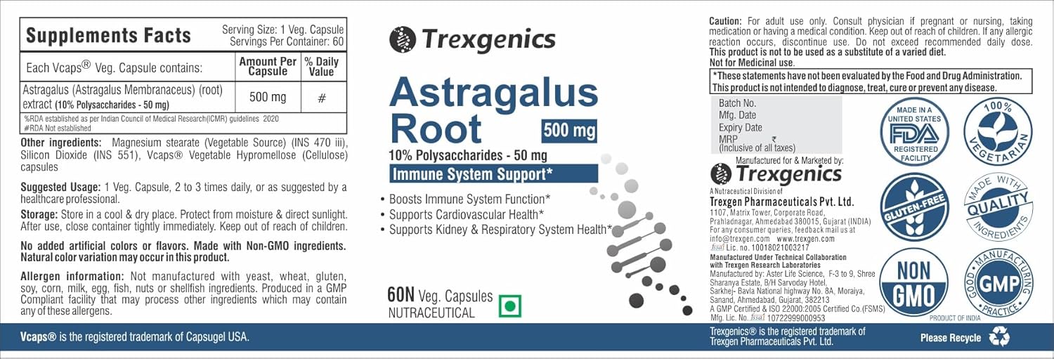 Trexgenics Astragalus Root supplement label with branding and certification logos.