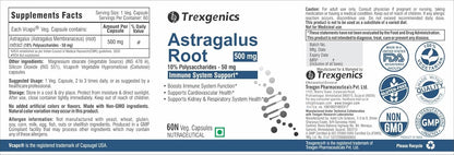 Trexgenics Astragalus Root supplement label with branding and certification logos.