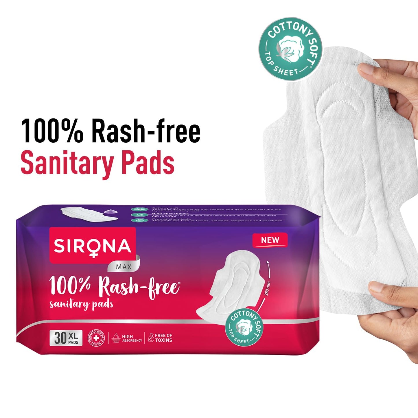 Sirona Max Sanitary Pads for Women | XL (Pack of 30 Pads) | 100% Rash Free & Toxic-Free | Organic Cotton Sanitary Pad | Up to 0% Leakage, Comfortable & High Absorbency