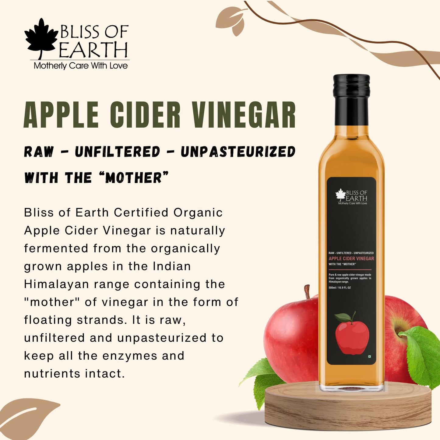 Bliss of Earth Apple Cider Vinegar With Mother, Himalayan Organically Grown Apples, Unfiltered, Raw,500 ml PET Bottle,