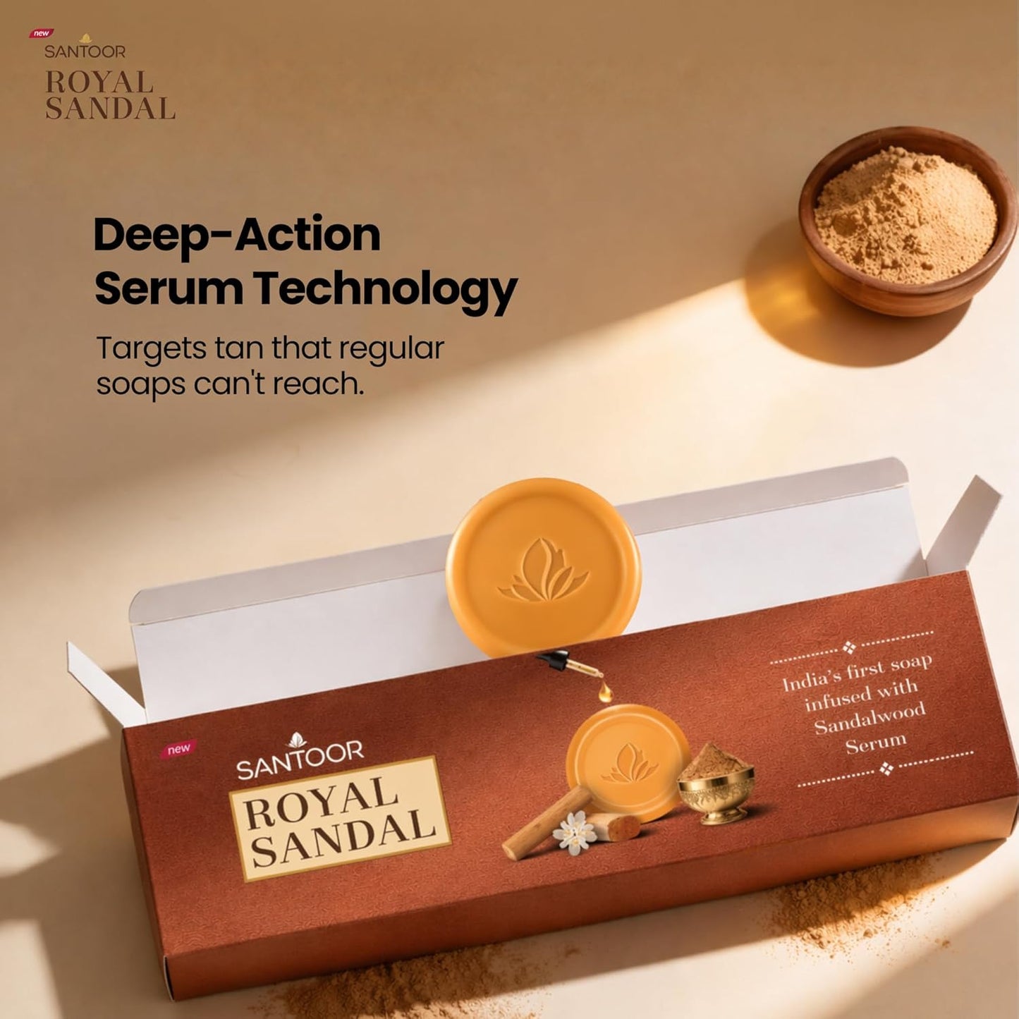 Santoor Royal Sandal Detan Pack | 3 Soaps (150g Each) | 100% Sandalwood Oil & Powder | 3-Step Natural Detan | Reduces tan, Improves complexion, Even Skin Tone & Glow
