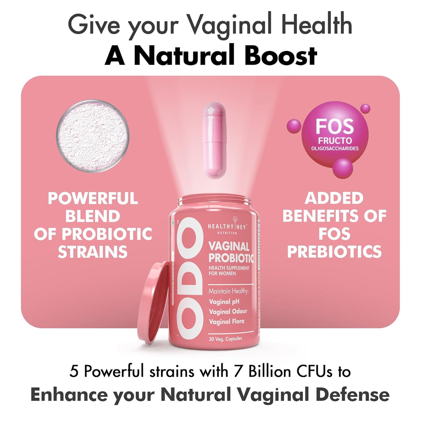 Vaginal probiotic product with text highlighting benefits on a pink background