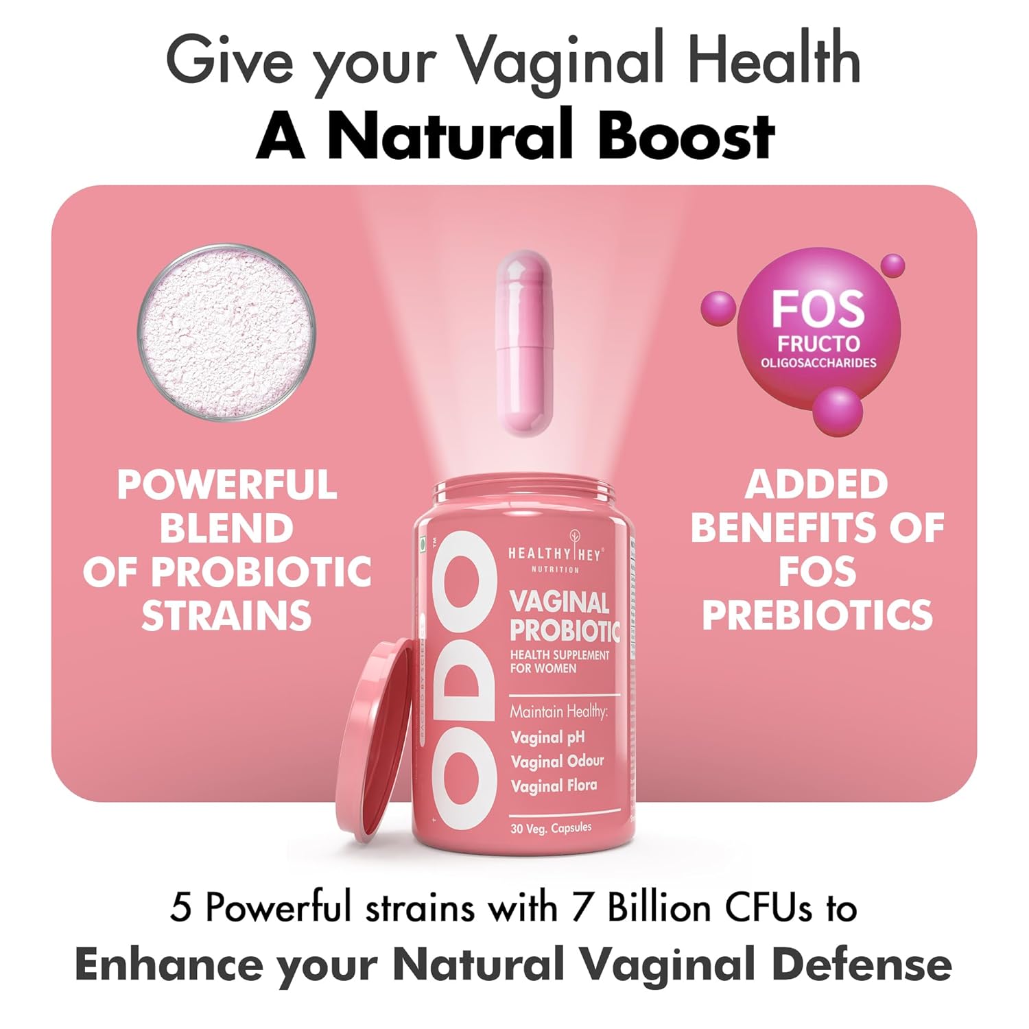 Vaginal probiotic product with text highlighting benefits on a pink background