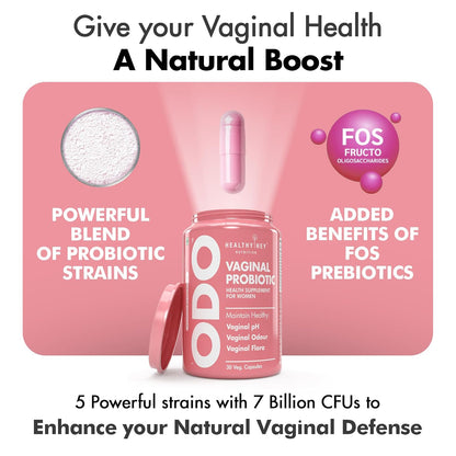 Vaginal probiotic product with text highlighting benefits on a pink background