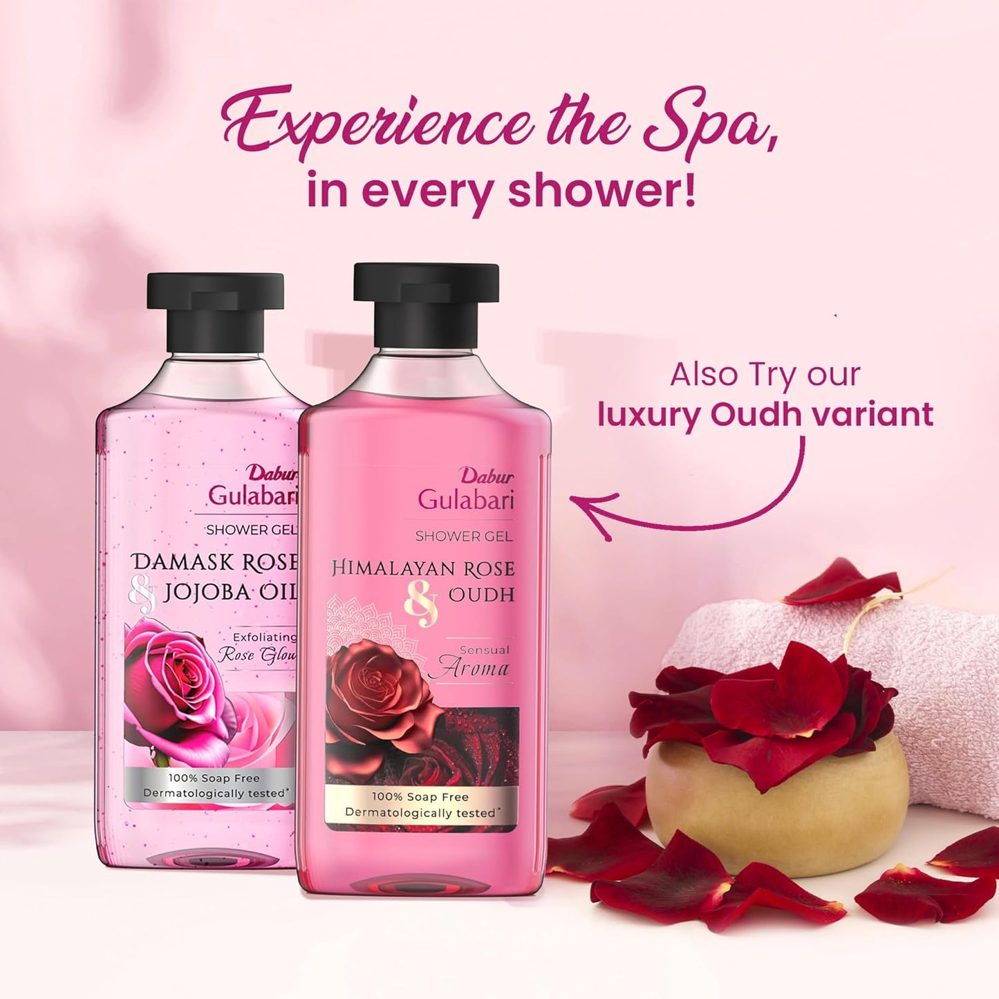 Dabur Gulabari Shower Gel - 250 ml | 99% Pure Glycerine | Gentle Bodywash | Cellulite beads for Exfoliation | 0% Parabens & Soap | No Silicones | With Exotic Damask Rose & Organic Jojoba Oil