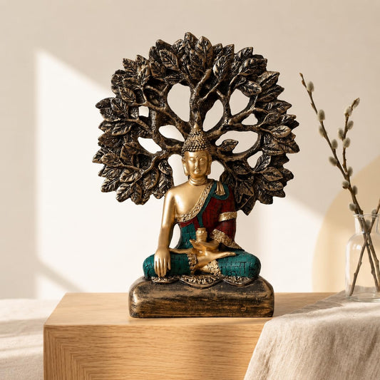 Handcrafted Buddha Showpiece with Tree for Home Décor (Pack of 1, Multi)