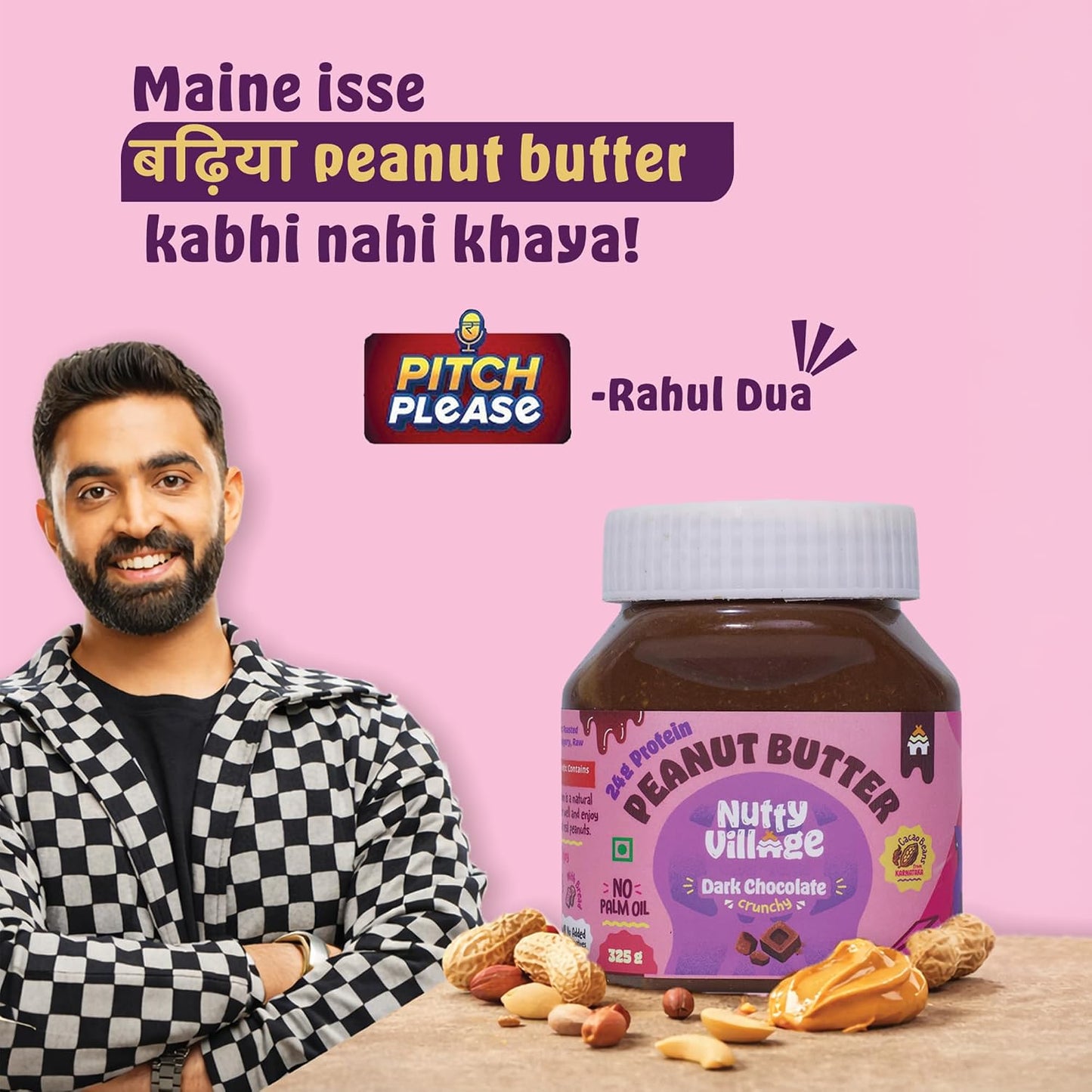 Nutty Village Dark Chocolate Peanut Butter Crunchy with 24g Protein - No Refined Sugar and No Palm oil - Vegan and Gluten free - Healthy Spread for Breakfast - 325G Peanut butter