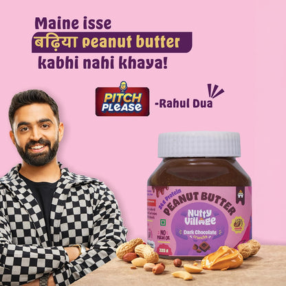 Nutty Village Dark Chocolate Peanut Butter Crunchy with 24g Protein - No Refined Sugar and No Palm oil - Vegan and Gluten free - Healthy Spread for Breakfast - 325G Peanut butter
