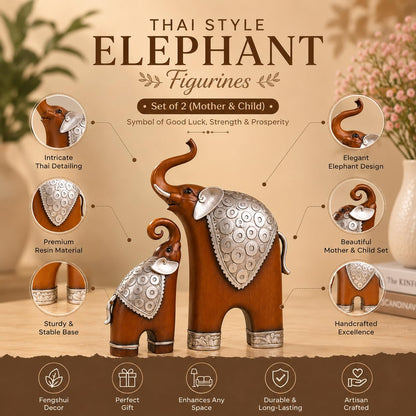 Thai Style Elephant Figurines Mother & Child Elephant Fengshui Resin Sculptures for Home Decor Ornament - (Set of 2, Brown)