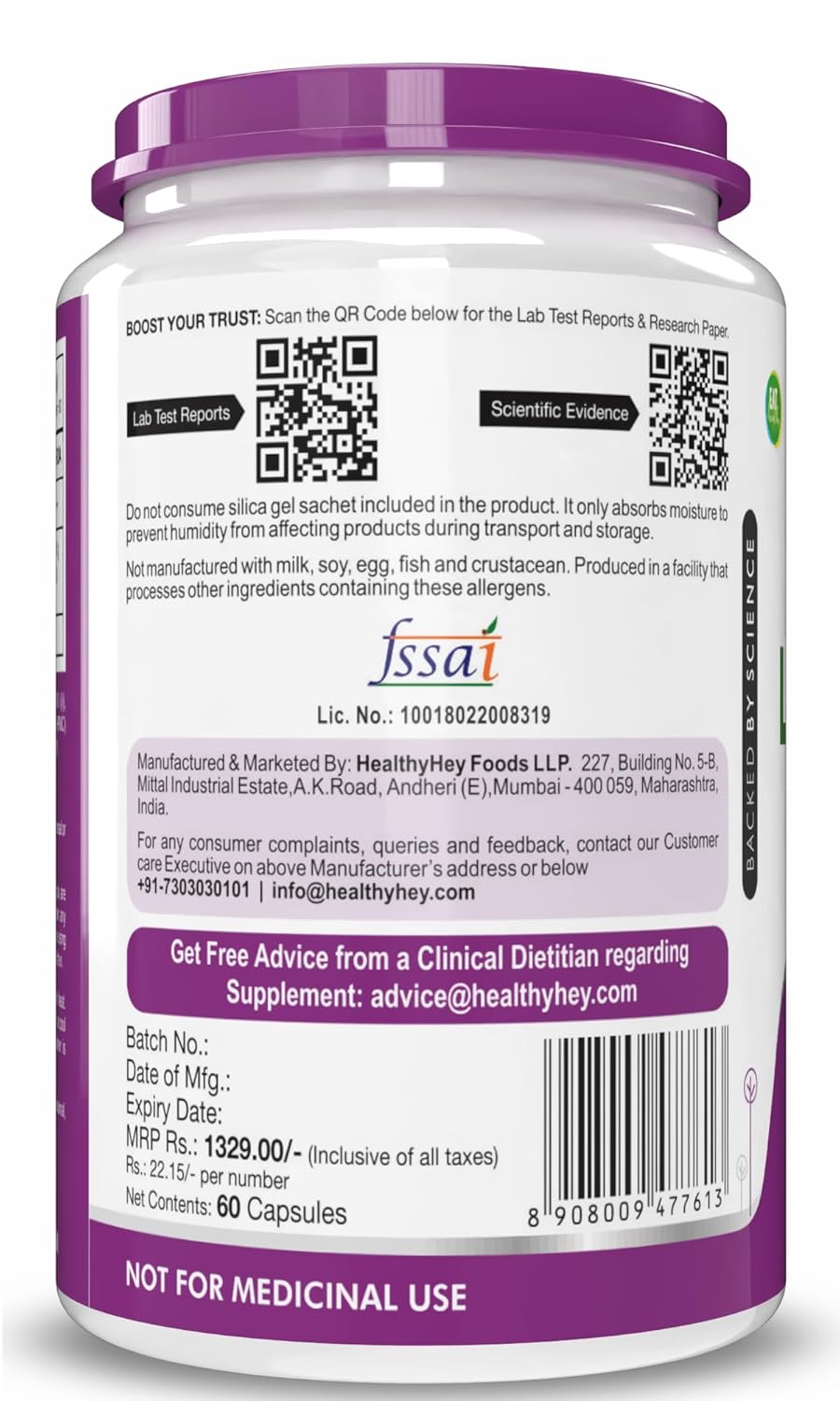 Supplement container with purple lid and label displaying text and barcodes.