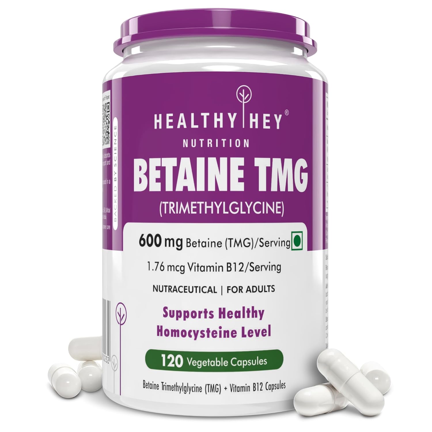 Bottle of Healthy Hey Nutrition Betaine TMG supplement with purple and white label.