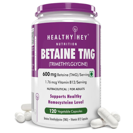Bottle of Healthy Hey Nutrition Betaine TMG supplement with purple and white label.