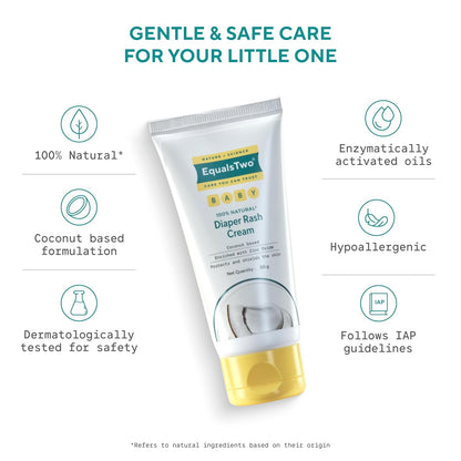 EQUALSTWO by Zydus Baby Diaper Rash Cream With Zinc Oxide, 100% Natural Anti Rash for Babies, Nappy Rashfree for New Born, PH 5.5, Hypoallergenic Dermatologically Tested, 50gm (Pack 1)