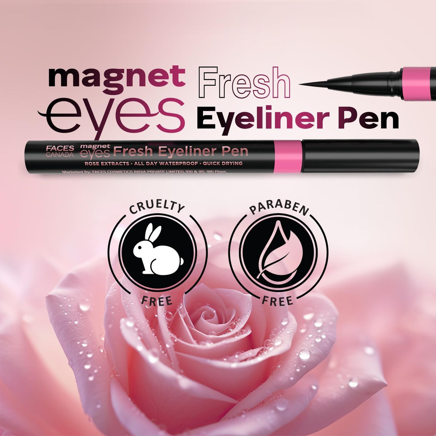 FACESCANADA Magneteyes Fresh Eyeliner Pen - Black, 1ml | All - Day Waterproof & Smudgeproof | Long-Lasting | Matte Intense Color Payoff | Quick Drying & One Stroke Application | Rose Extract