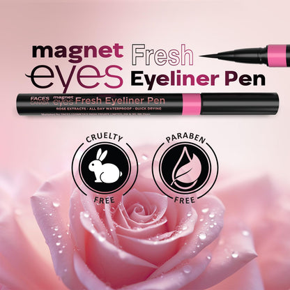 FACESCANADA Magneteyes Fresh Eyeliner Pen - Black, 1ml | All - Day Waterproof & Smudgeproof | Long-Lasting | Matte Intense Color Payoff | Quick Drying & One Stroke Application | Rose Extract