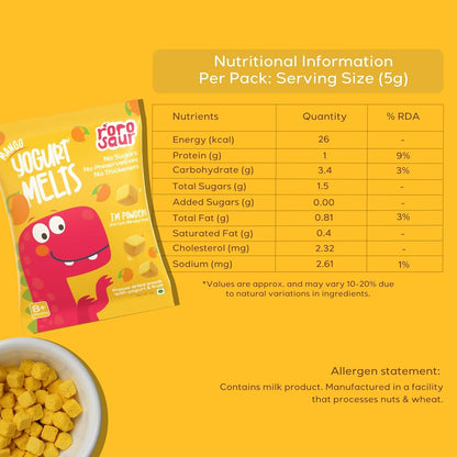 Rorosaur Baby Snacks - Melts with Yogurt and Fruit & Veggie for 8+ Months | 4 packs of Mango Melts | Finger Food for Toddlers | No Sugars, No Preservatives, No Binders | 5g each