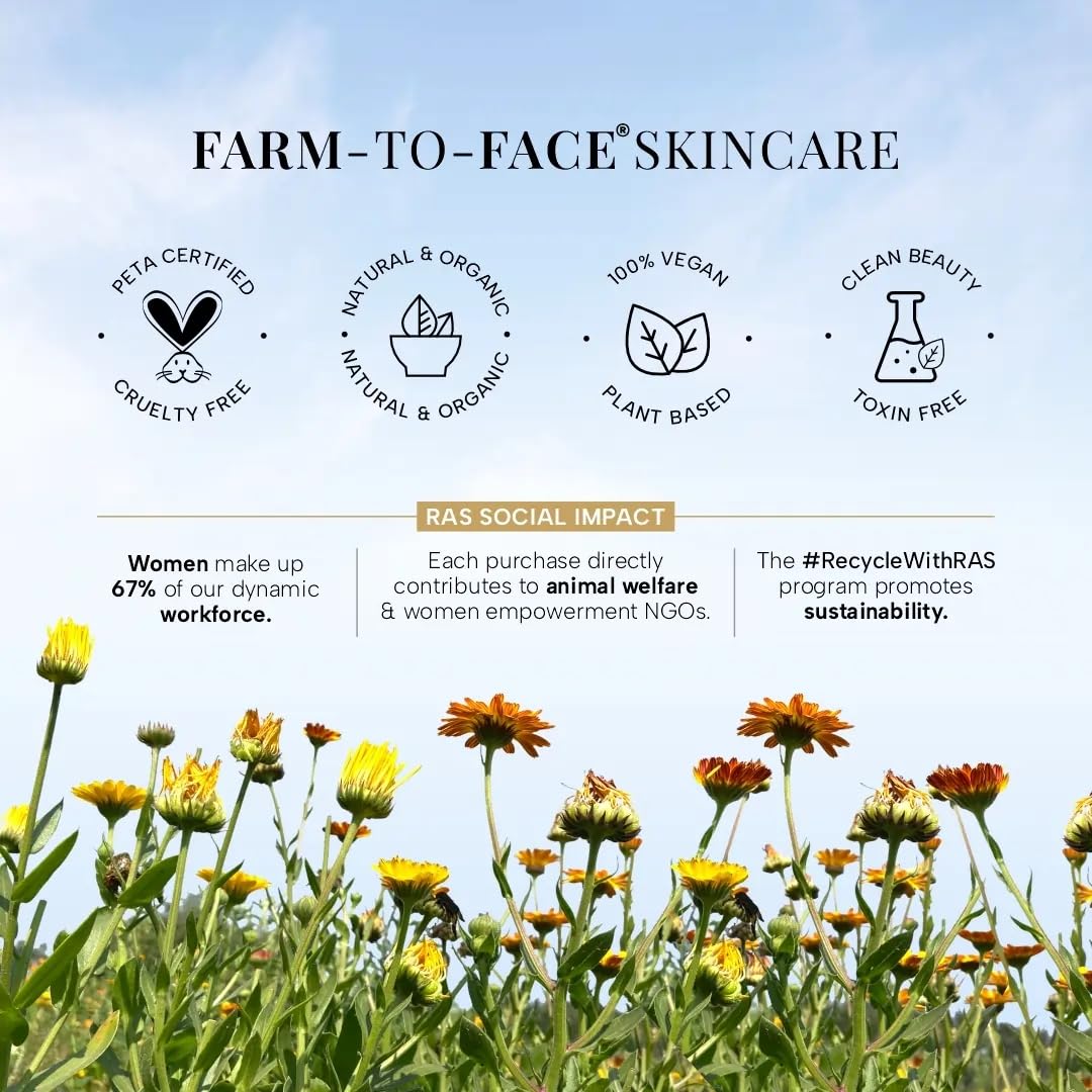 Farm-to-Face Skincare advertisement with flowers and certification icons on a blue sky background