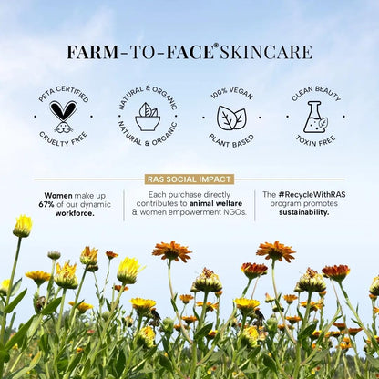 Farm-to-Face Skincare advertisement with flowers and certification icons on a blue sky background