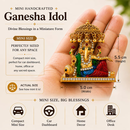 Yaa Catchy Mini Ganesh Idol for Car Dashboard | Small Ganesha Idol for Home, Office Desk & Pooja | Ganpati Murti with Premium Gold & Stone Work |5.5 cm (Mini Maharaja Ganesha)
