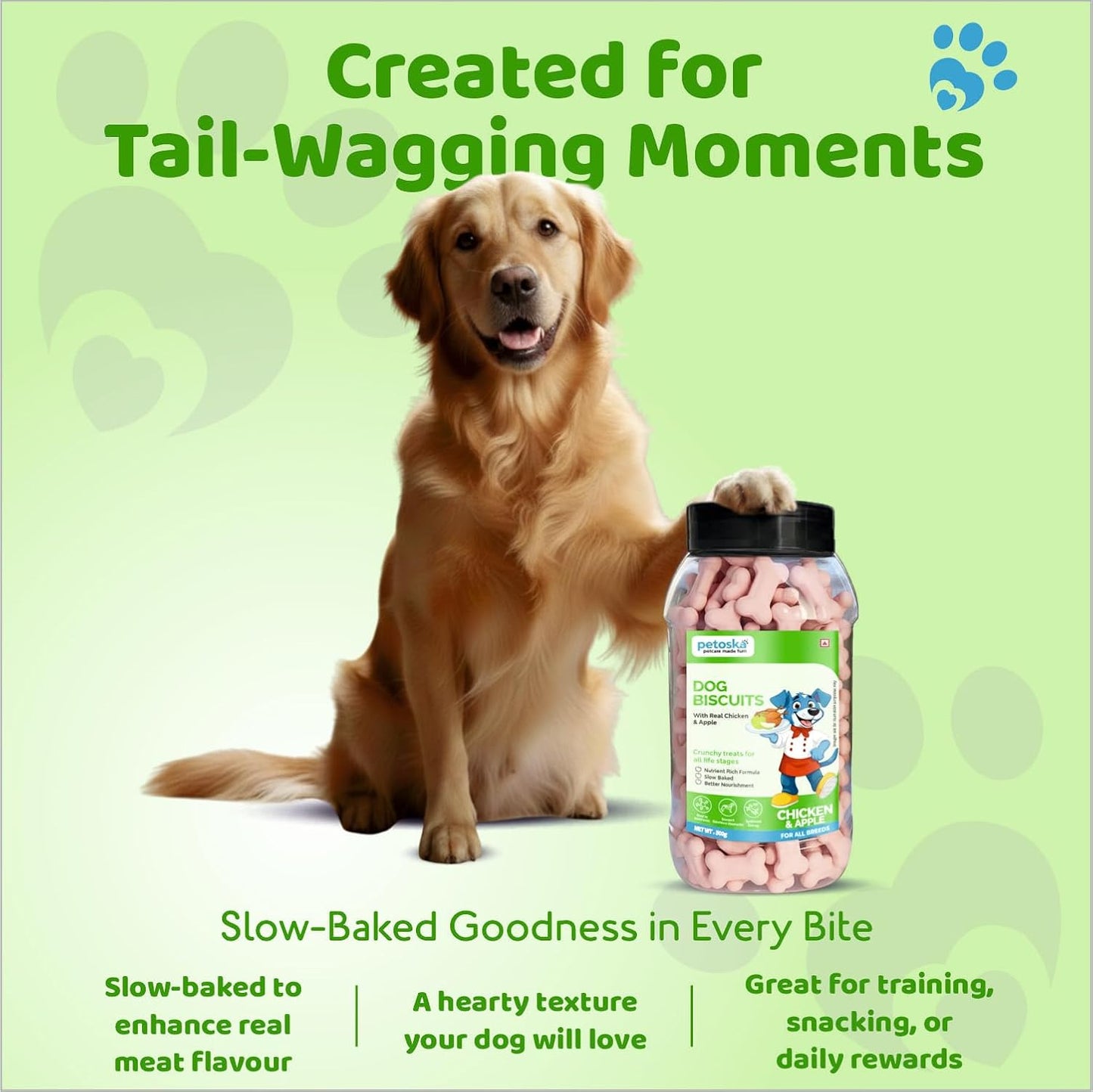 Petoska Chicken & Apple Dog Biscuits | 500g Jar | Made with Real Chicken & Apple | Crunchy Treats for Small, Medium & Large Dogs | 300 kcal/100g | Complementary Dog Food