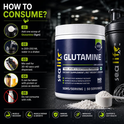 Sea Life 100% Pure L-Glutamine | Glutamine Powder, Amino Acid | Post Workout Supplement for Muscle Growth & Recovery - 250g, Unflavoured (50 Servings) For Men & Women. Pack of-1