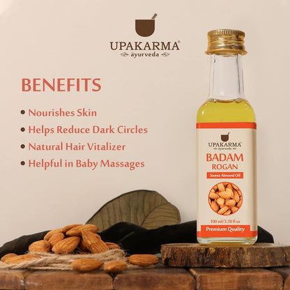 UPAKARMA Badam Oil | Pure and Natural Cold Pressed Sweet Almond/Badam Rogan Oil | Promotes Skin & Hair Health, 100ml - Pack of 1