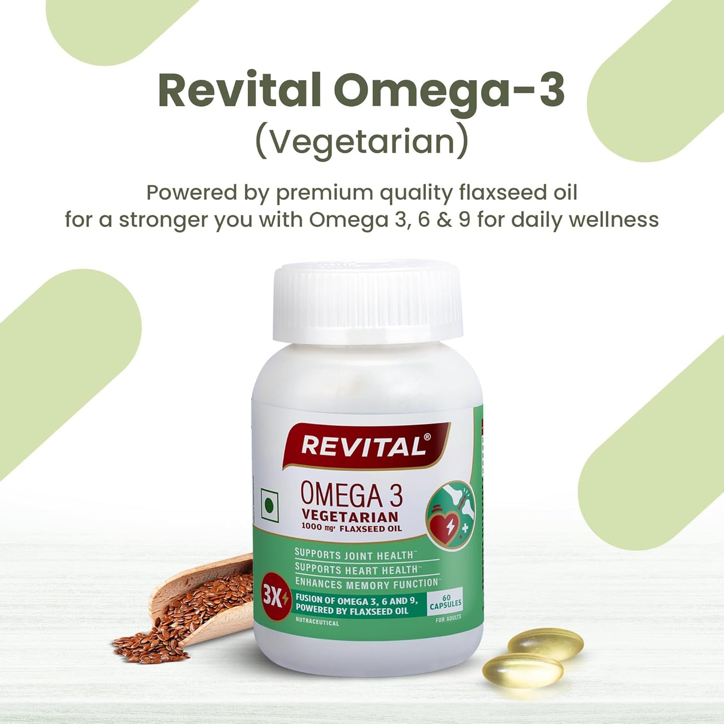 Revital Omega 3 Vegetarian 1000mg Flaxseed Oil |Supports joint health, heart health and enhances memory function | Fusion on Omega 3,6 and 9 |Plant-Powered| 60 capsules