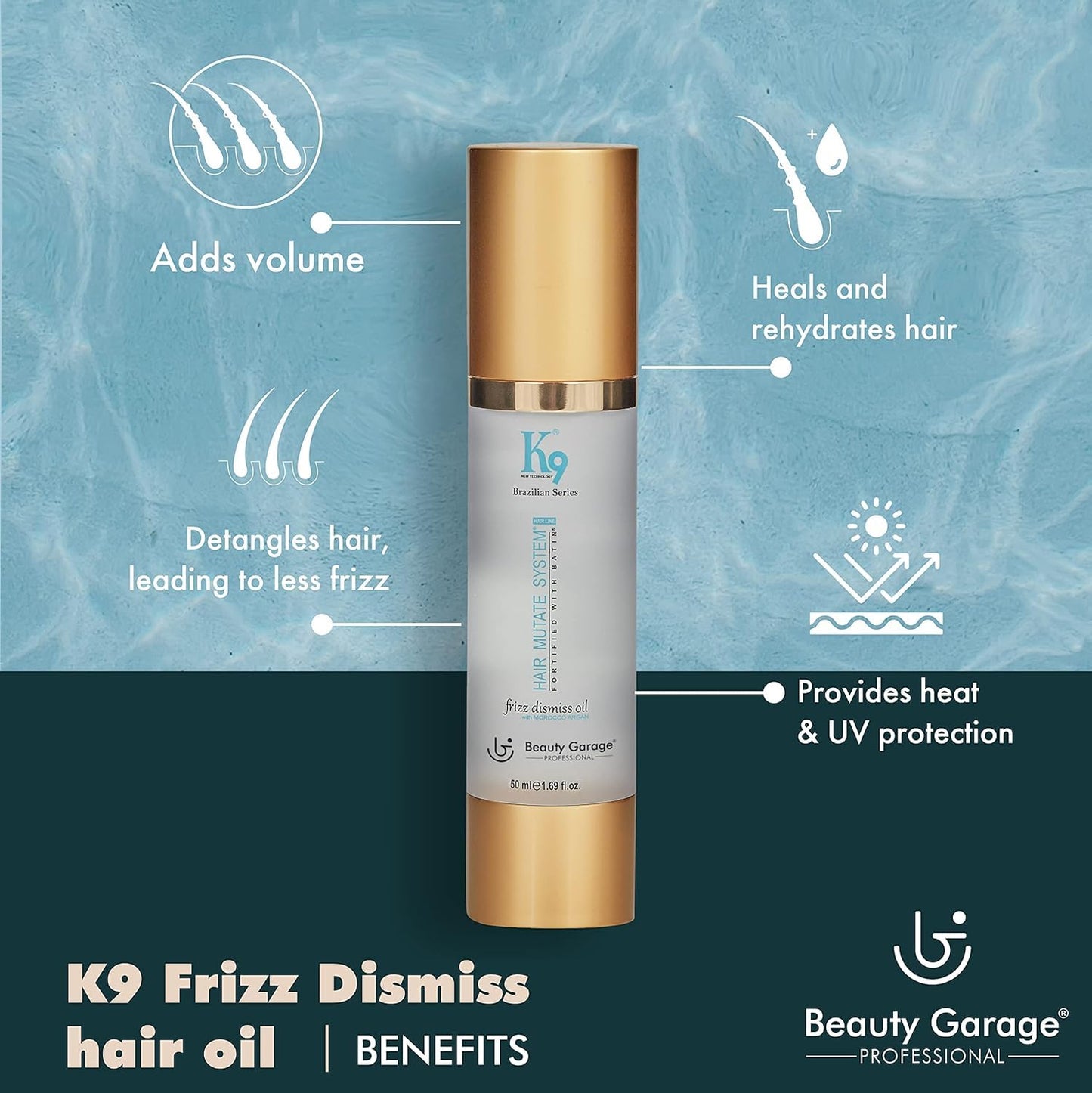 Beauty Garage K9 Frizz Dismiss Moroccan Argan Oil | Lightweight Hair Serum with Heat & UV Protection | Argan Oil of Morocco For Frizz Control, Volume Boost & Deep Hydration | 50 ml