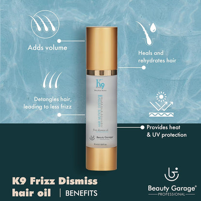 Beauty Garage K9 Frizz Dismiss Moroccan Argan Oil | Lightweight Hair Serum with Heat & UV Protection | Argan Oil of Morocco For Frizz Control, Volume Boost & Deep Hydration | 50 ml