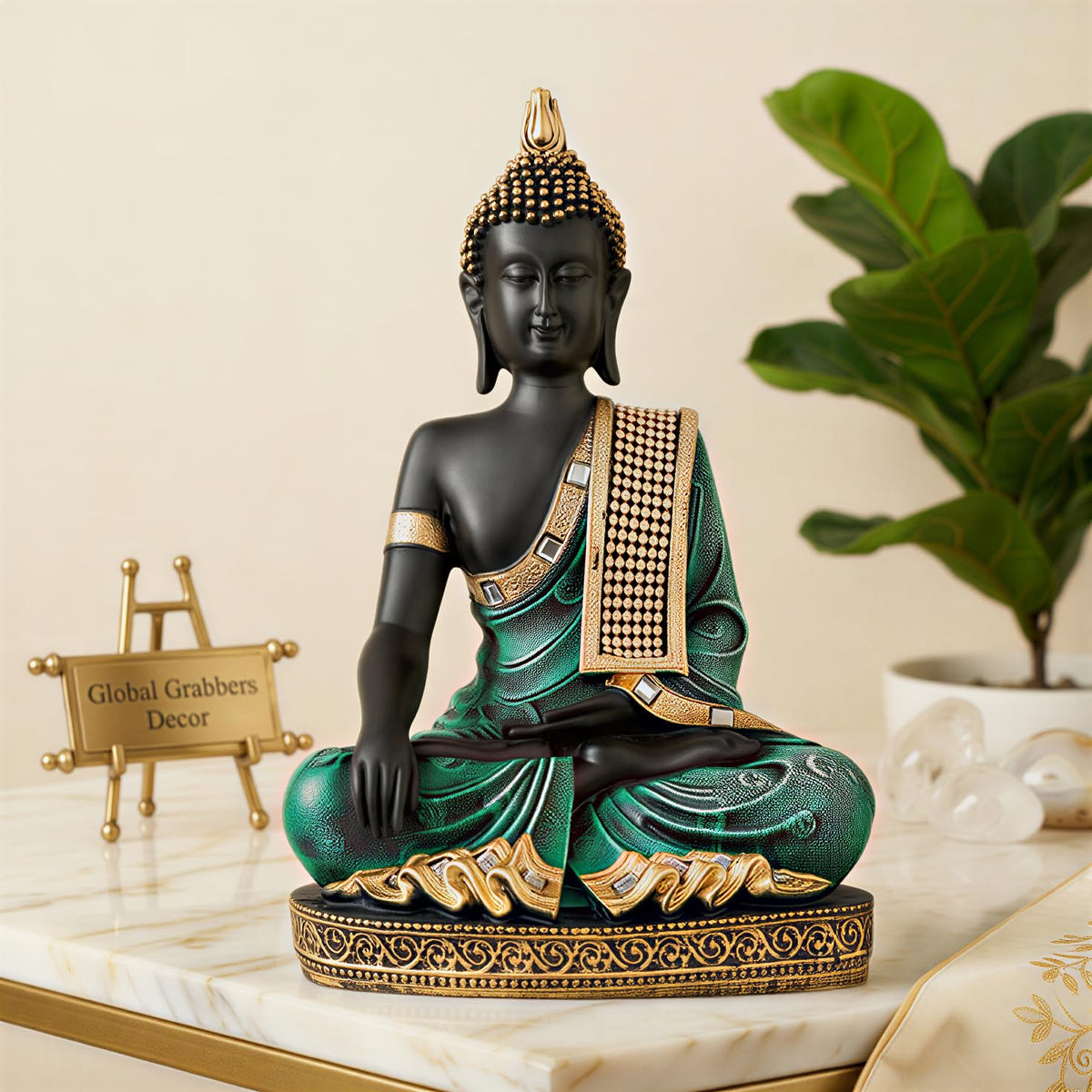 Buddha Idol Statue | Home Decoration Items for Living Room (Green Black)