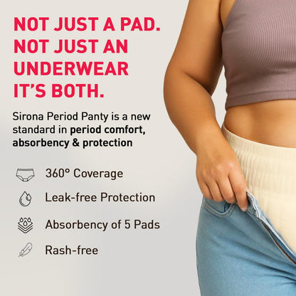 Person wearing a Sirona period panty with product features listed on a light gray background