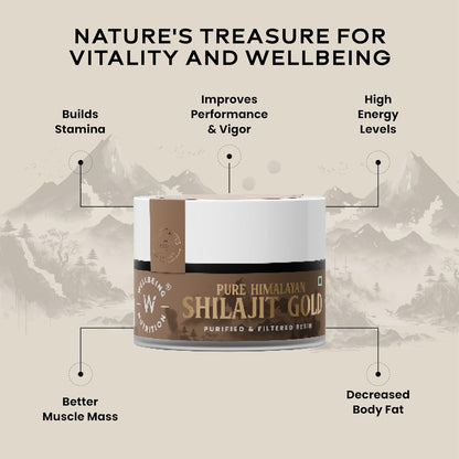 Wellbeing Nutrition Pure Himalayan Shilajit Gold Resin for Strength, Stamina, Performance, Stress Relief and Vitality | Ashwagandha, Safed Museli & Swarna Bhasma (24K Gold Leaf) | Lab Tested - 20g