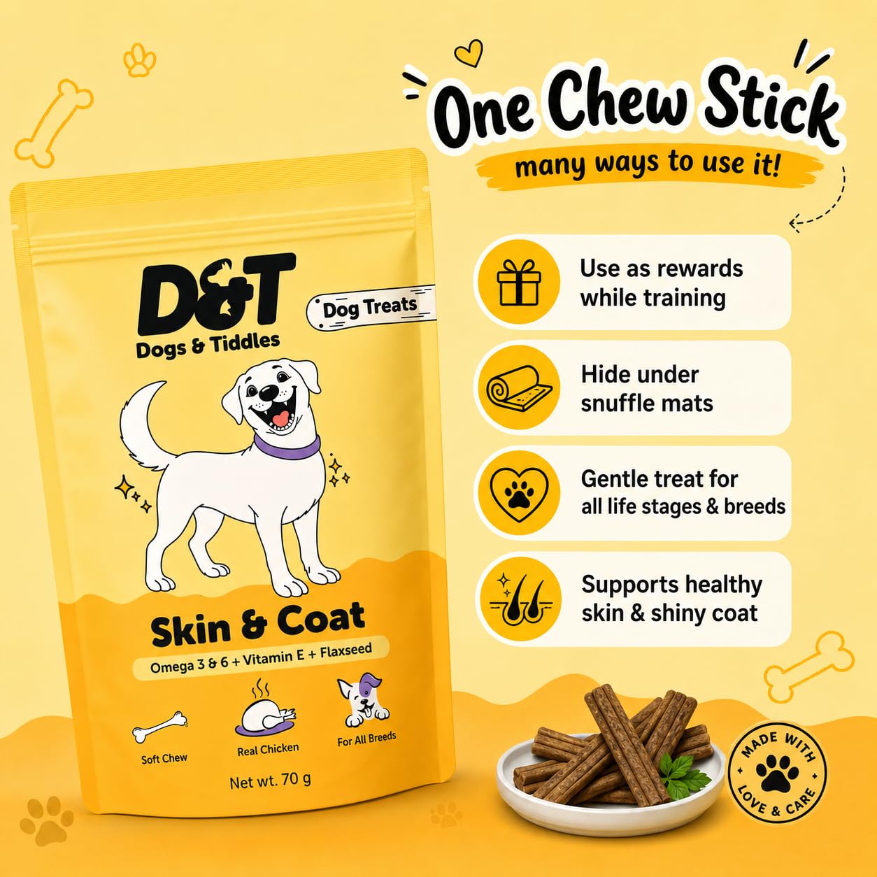 Dogs & Tiddles Skin & Coat Dog Treats for Puppies & Adult Dogs, 70g | Soft & Chewy Real Chicken Treats | with Omega 3 & 6 | Supports Healthy Skin & Shiny Coat