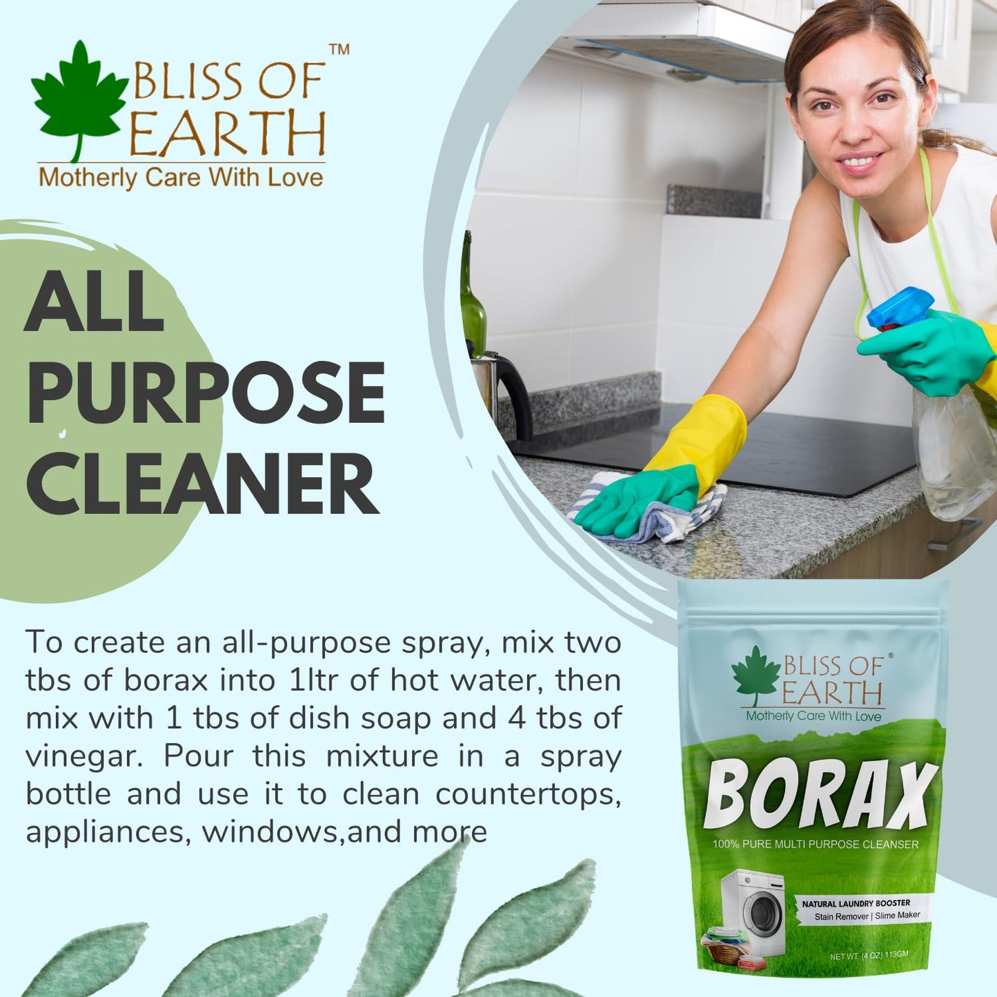 Bliss of Earth Borax Powder For Washing Cloths, Slime Maker, Cleaning & Stain Remover, Ants Killer, 100% Pure Sodium Borate Powder 113GM