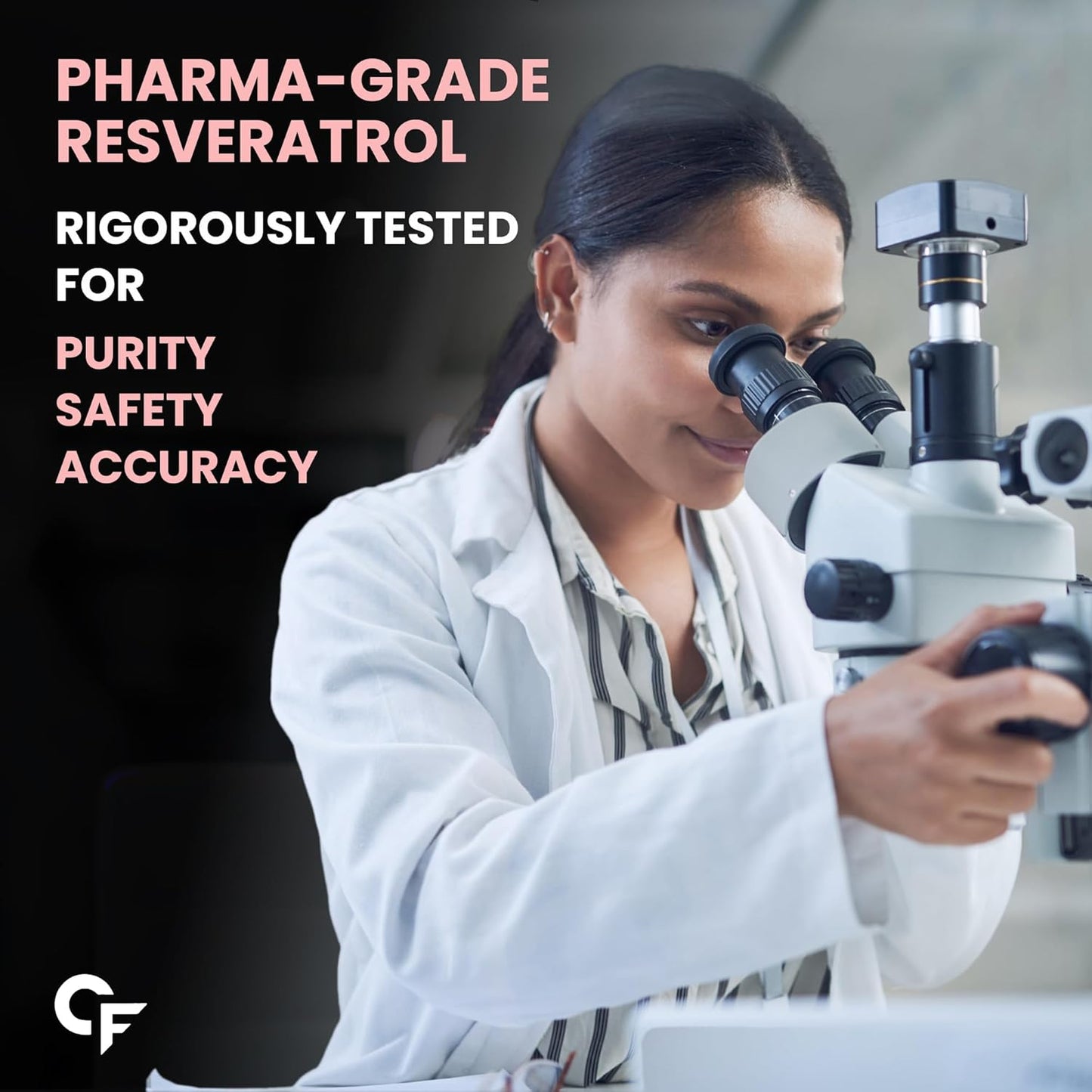 Person in a lab coat using a microscope with text about pharma-grade resveratrol testing.