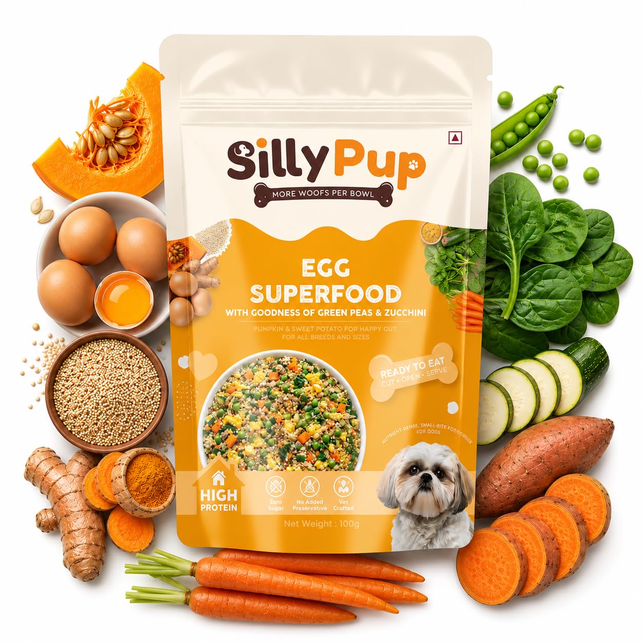 Silly Pup Egg Superfood for Dogs| Real Eggs, Quinoa, 7 Vegetables, Turmeric, Ashwagandha & Eggshell Calcium | No Preservatives | Vet Crafted | Human-Grade (1 Pouch, 100g)