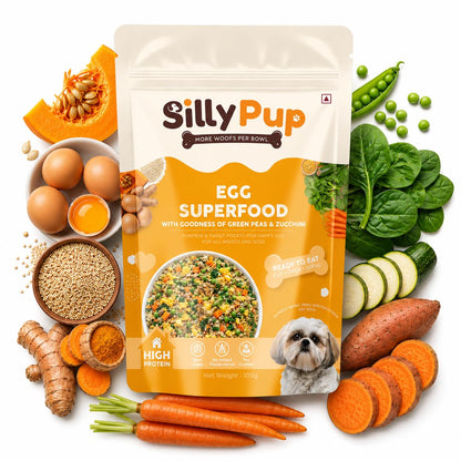 Silly Pup Egg Superfood for Dogs| Real Eggs, Quinoa, 7 Vegetables, Turmeric, Ashwagandha & Eggshell Calcium | No Preservatives | Vet Crafted | Human-Grade (1 Pouch, 100g)