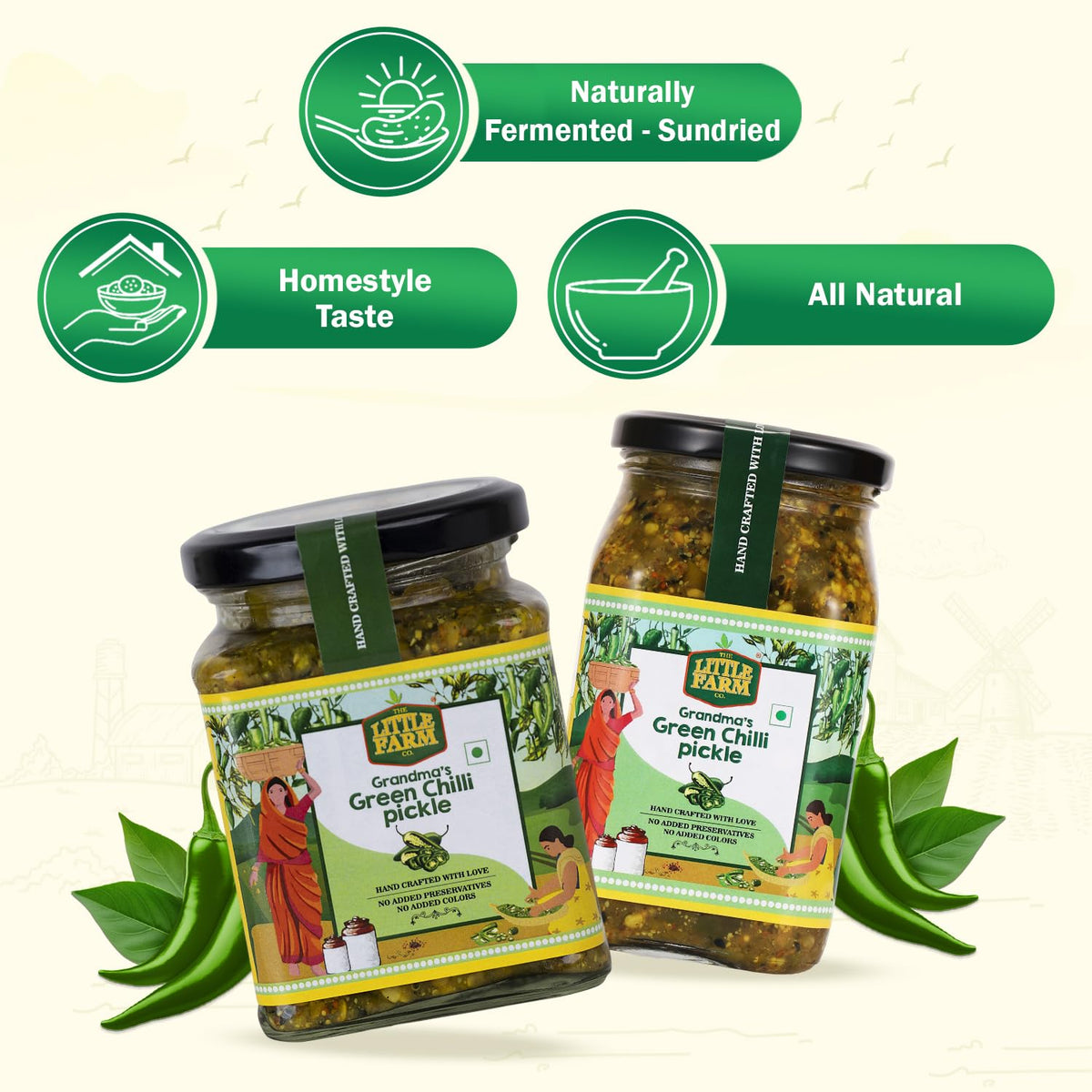 THE LITTLE FARM CO Green Chilli Pickle - Hari Mirch ka Achar | Less Oil Mustard Base Homestyle Tangy Flavour Chilli Pickles | No Added Preservatives, Artificial Colours & Flavours | Traditional Recipe